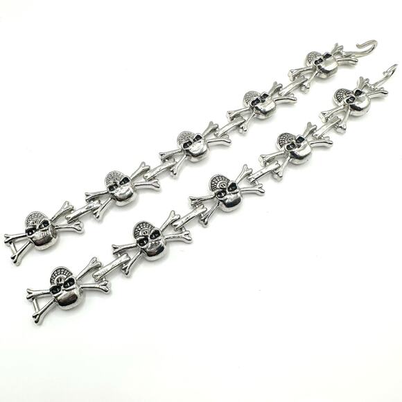 Skull Crossbones Bracelet Silver tone black link Set of 2 Biker Punk Steampunk - Picture 1 of 8